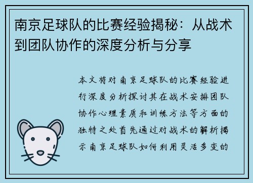 南京足球队的比赛经验揭秘：从战术到团队协作的深度分析与分享