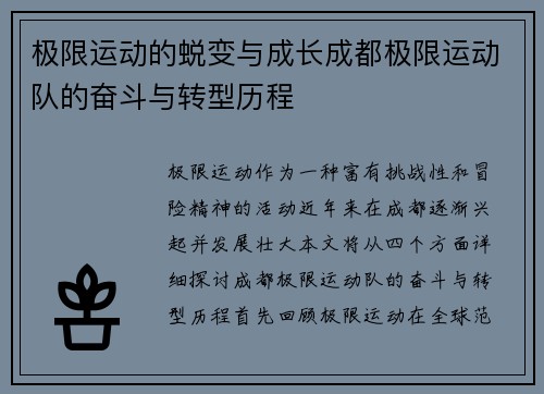 极限运动的蜕变与成长成都极限运动队的奋斗与转型历程