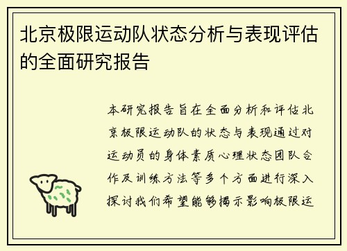 北京极限运动队状态分析与表现评估的全面研究报告